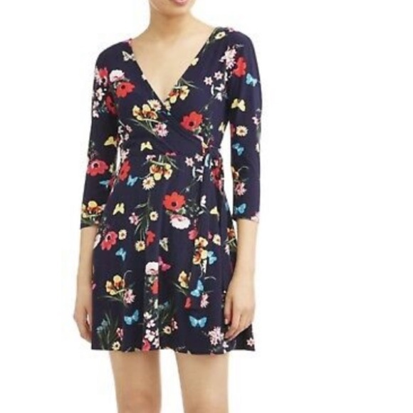 Navy Three Quarter Sleeve Wrap Dress Multi-Color - Picture 2 of 5